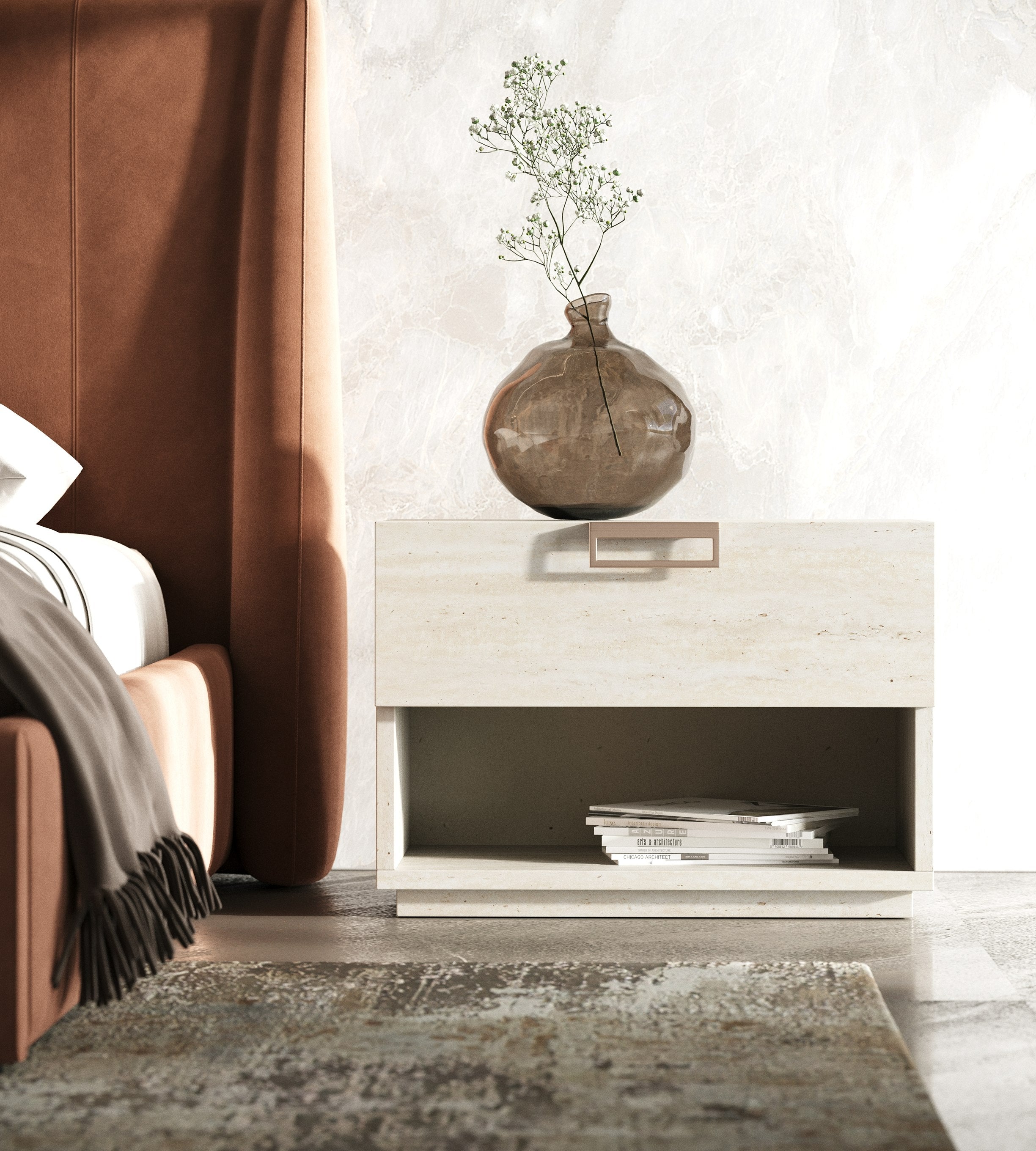 Lamod Roma + Lago - Modern Burnt Orange Velvet + Faux Travertine 4-Piece Bedroom Set