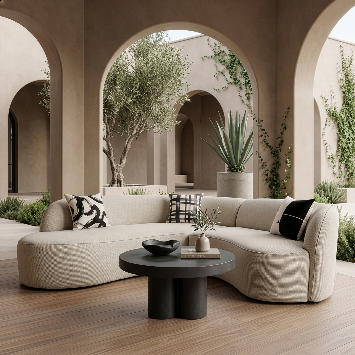 Lucena - Outdoor Oyster Olefin Fabric Curved Sectional Sofa - original 1