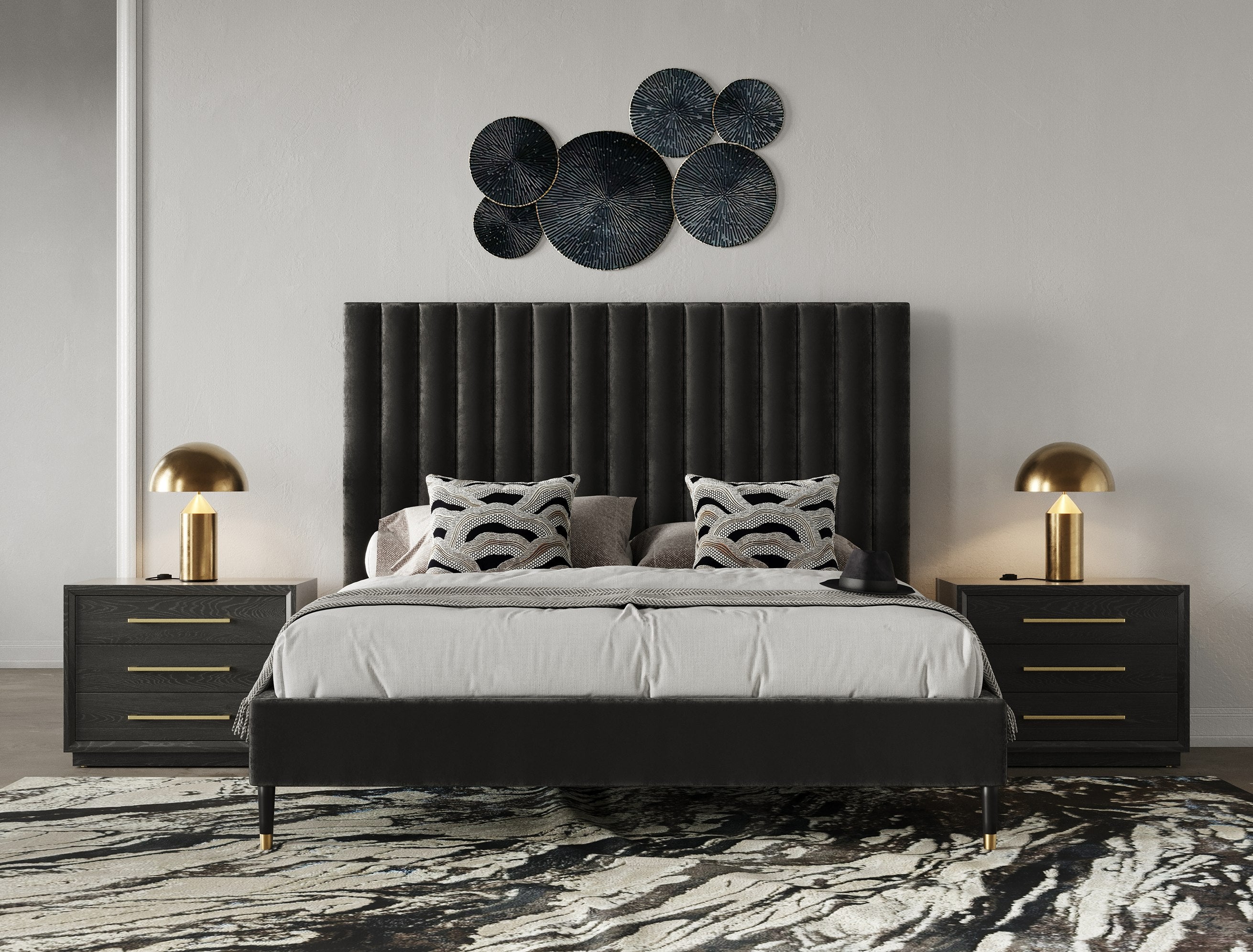 Modrest Hemlock - Modern Dark Grey Velvet Bed