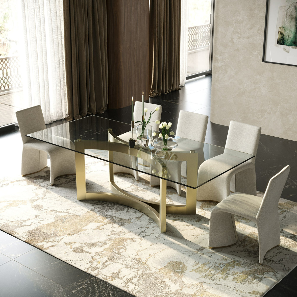 Mingus - Modern Glass + Brushed Brass Rectangualr Dining Table