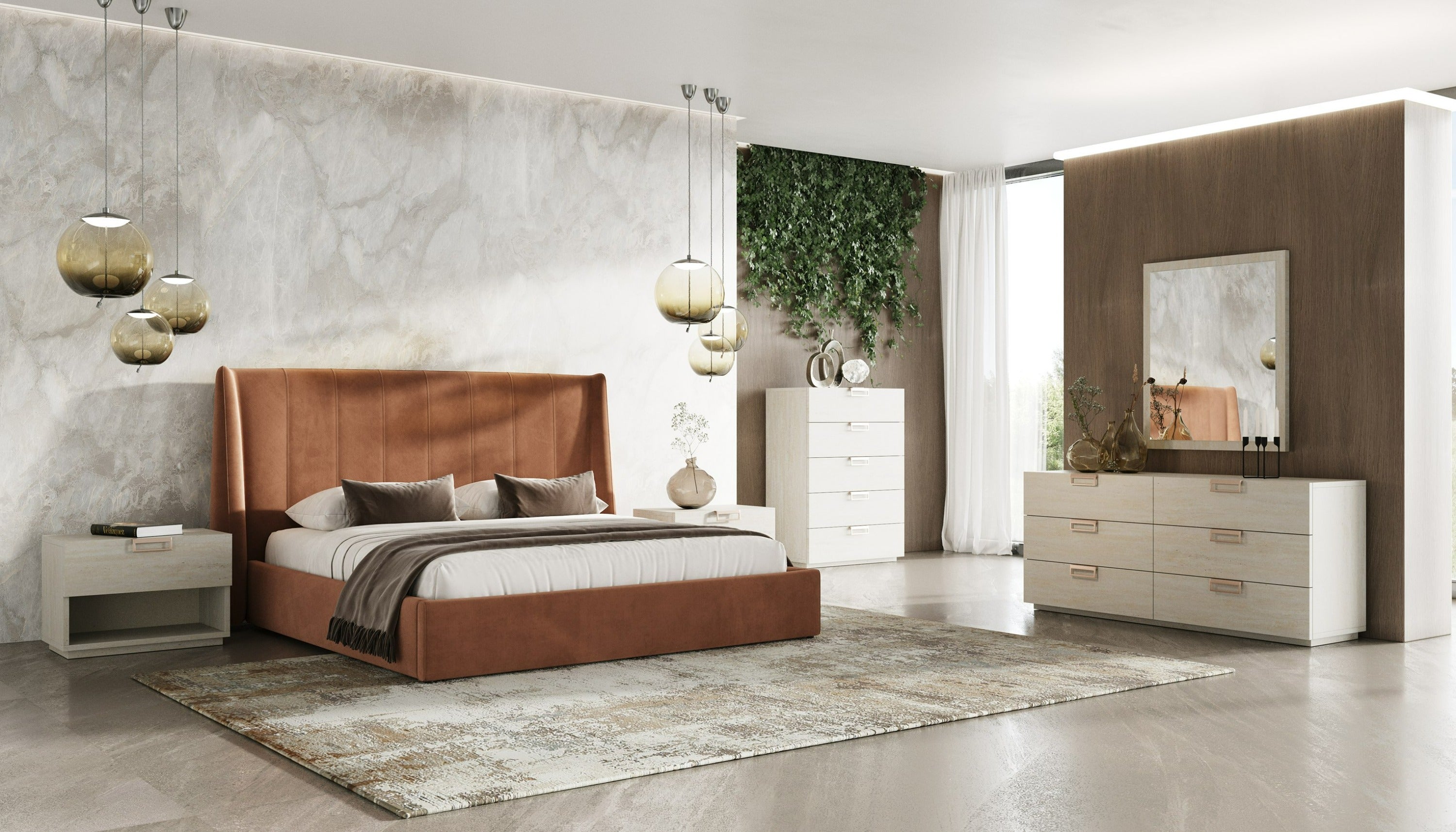 Lamod Roma + Lago - Modern Burnt Orange Velvet + Faux Travertine Bed + Nightstands Set