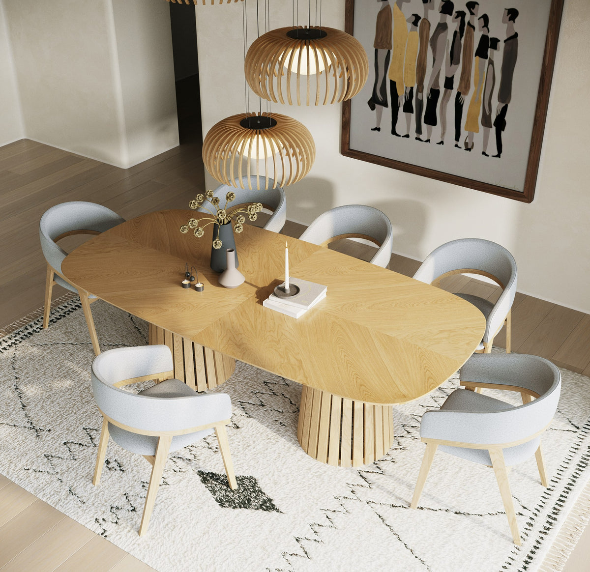 Truman - Mid-Century Modern Natural Oak Extendable Dining Table + 6 Chairs Set - original 1