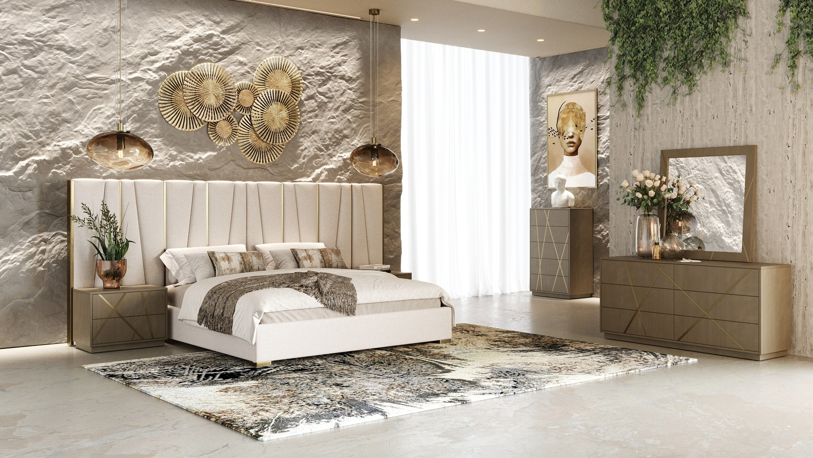 Modrest Nixa - Modern Beige Velvet + Brushed Bronze Bed
