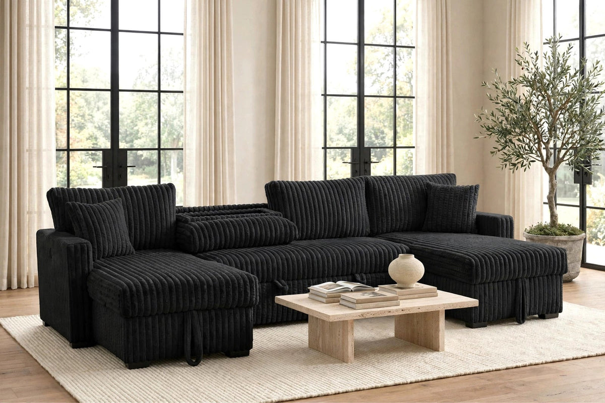 Onyx Bay Double Storage Chaise Corduroy Sectional with Pull-Out Bed