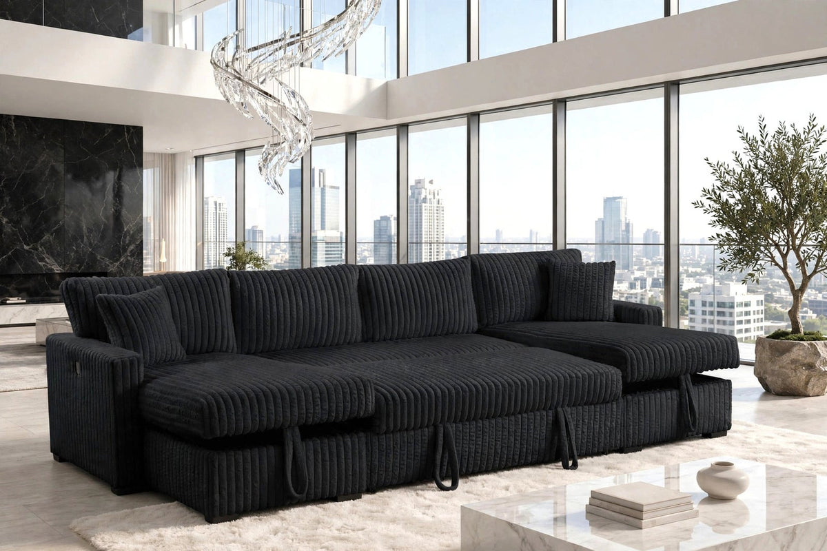 Onyx Bay Double Storage Chaise Corduroy Sectional with Pull-Out Bed
