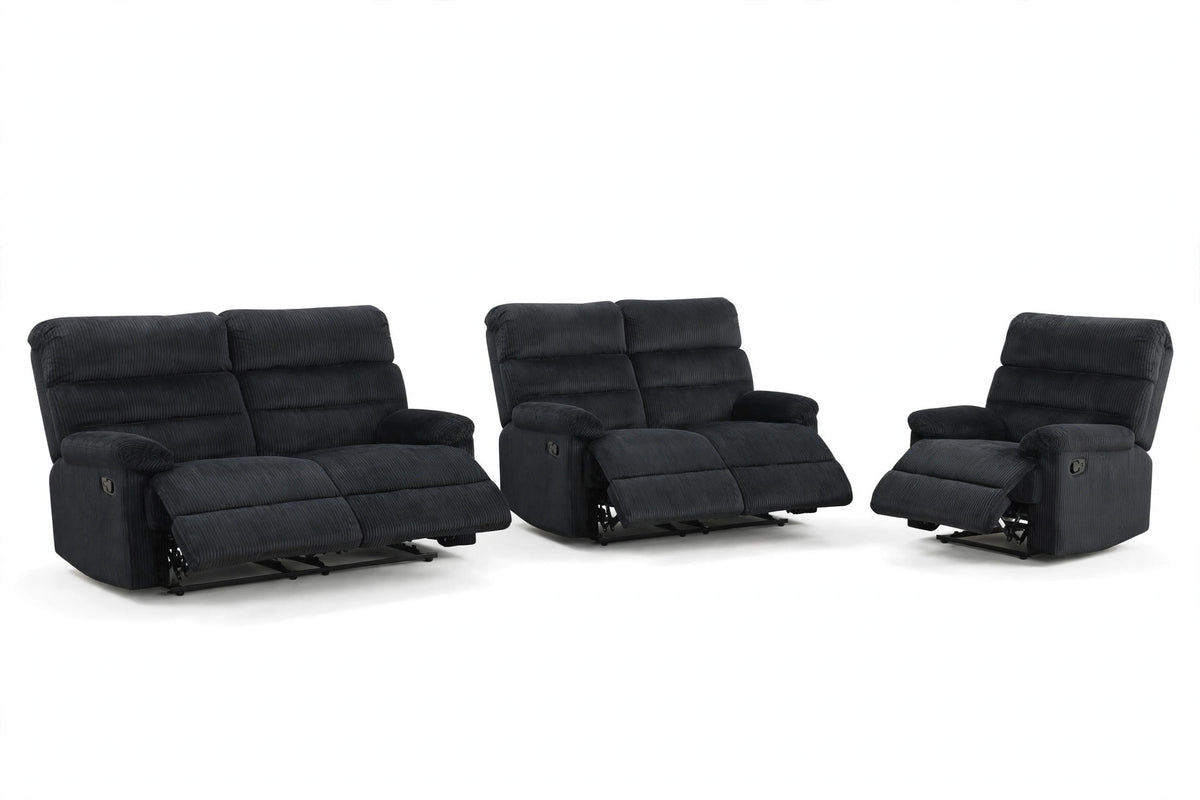 Noir Sovereign Reclining Sofa, Loveseat & Chair Set - full 3-piece set studio shot