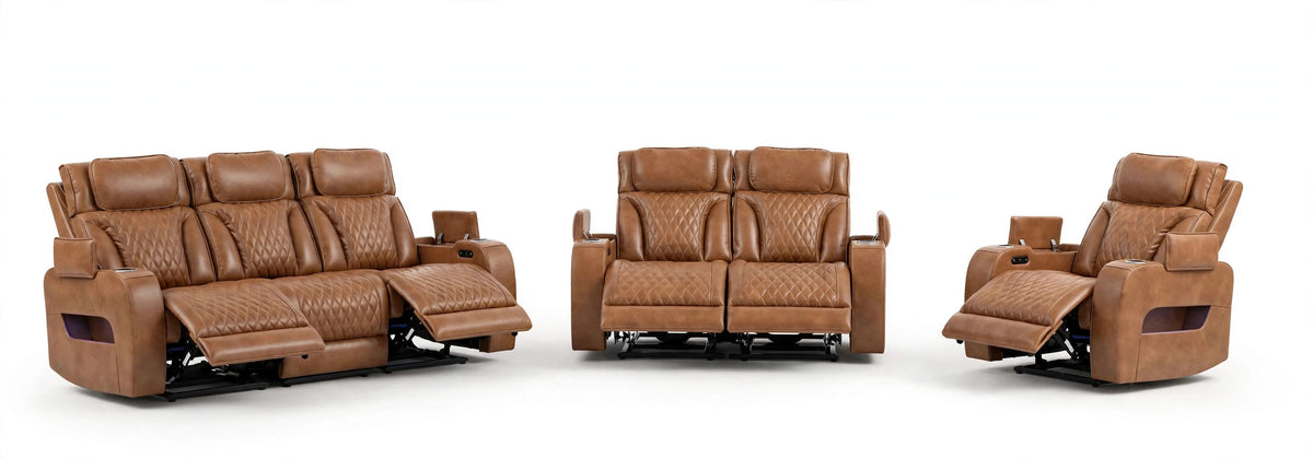 Cognac Marquis Power Reclining Sofa, Loveseat & Chair Set - full 3-piece set studio shot
