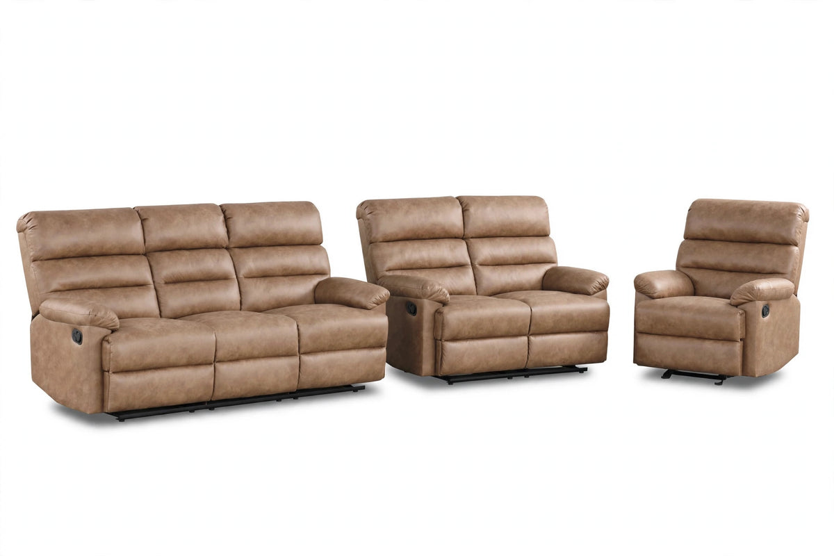 Cognac Sovereign Reclining Sofa, Loveseat & Chair Set - full 3-piece set studio shot