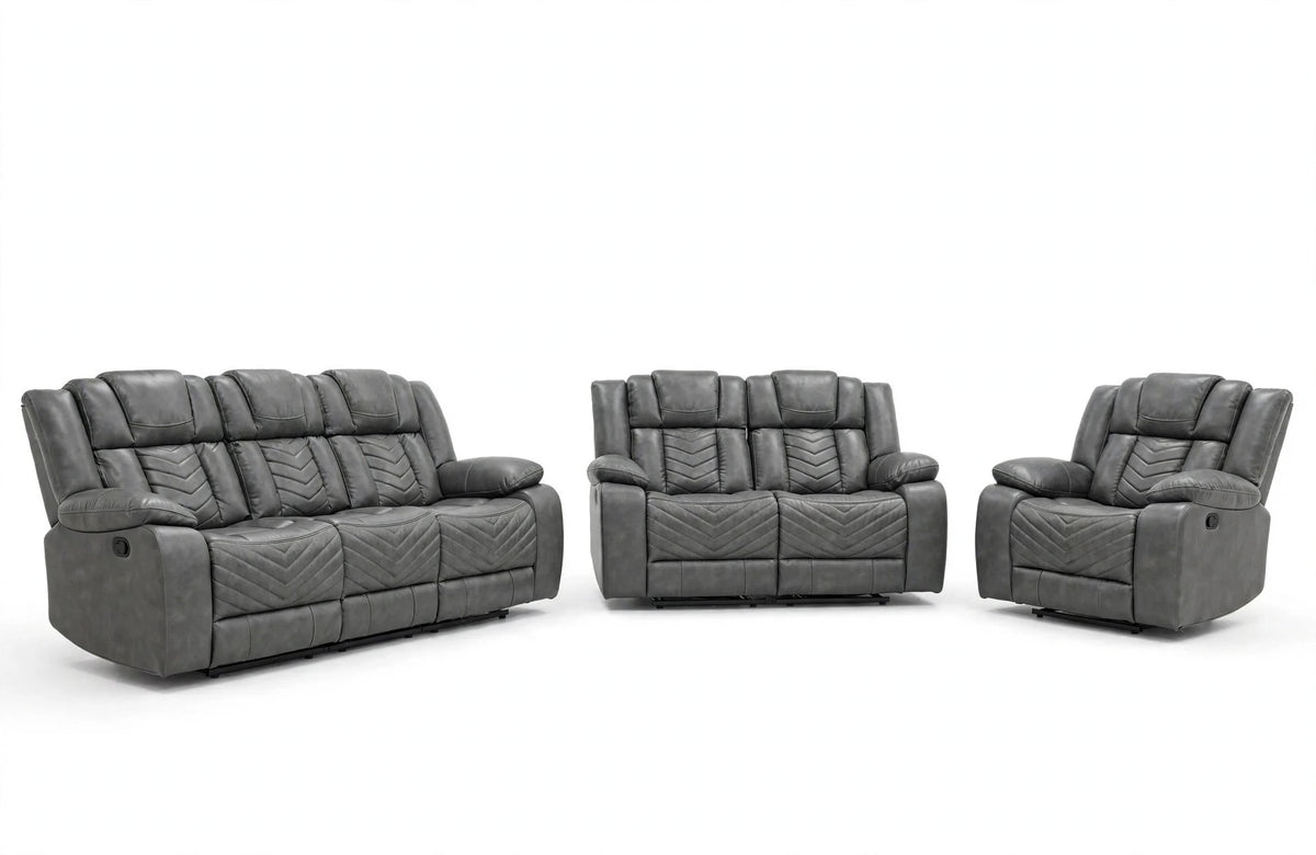 Charcoal Sterling Reclining Sofa, Loveseat & Chair Set - full 3-piece set studio shot