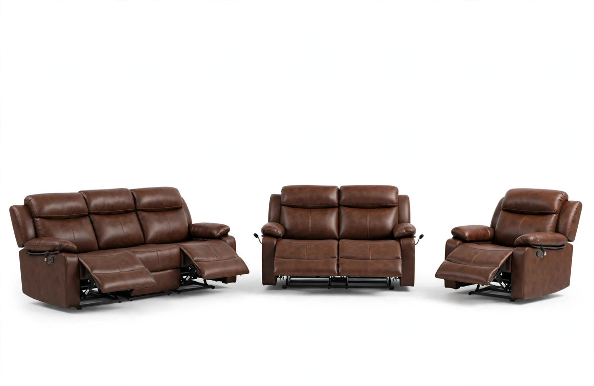 Cognac Camden Reclining Sofa, Loveseat & Chair Set - full 3-piece set studio shot