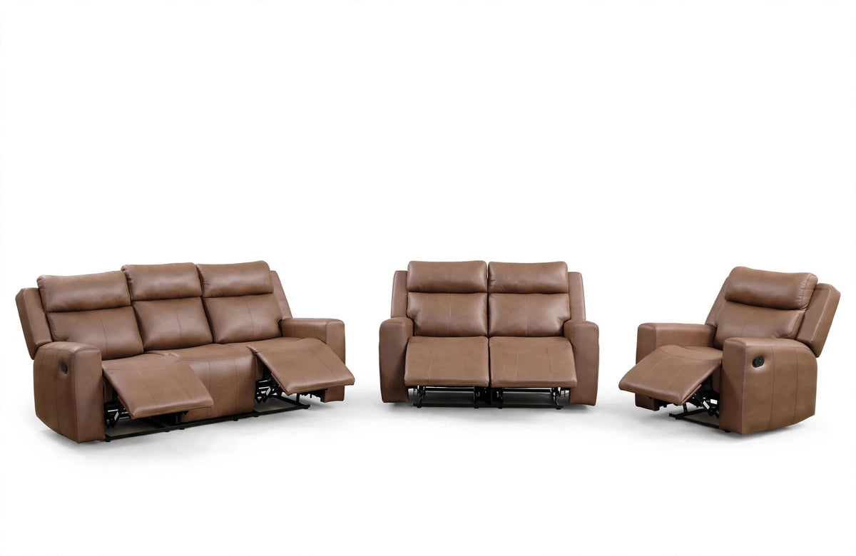 Cognac Ascend Reclining Sofa, Loveseat & Chair Set - full 3-piece set studio shot