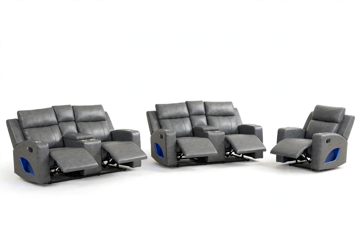 Charcoal Summit Reclining Sofa, Loveseat & Chair Set - full 3-piece set studio shot