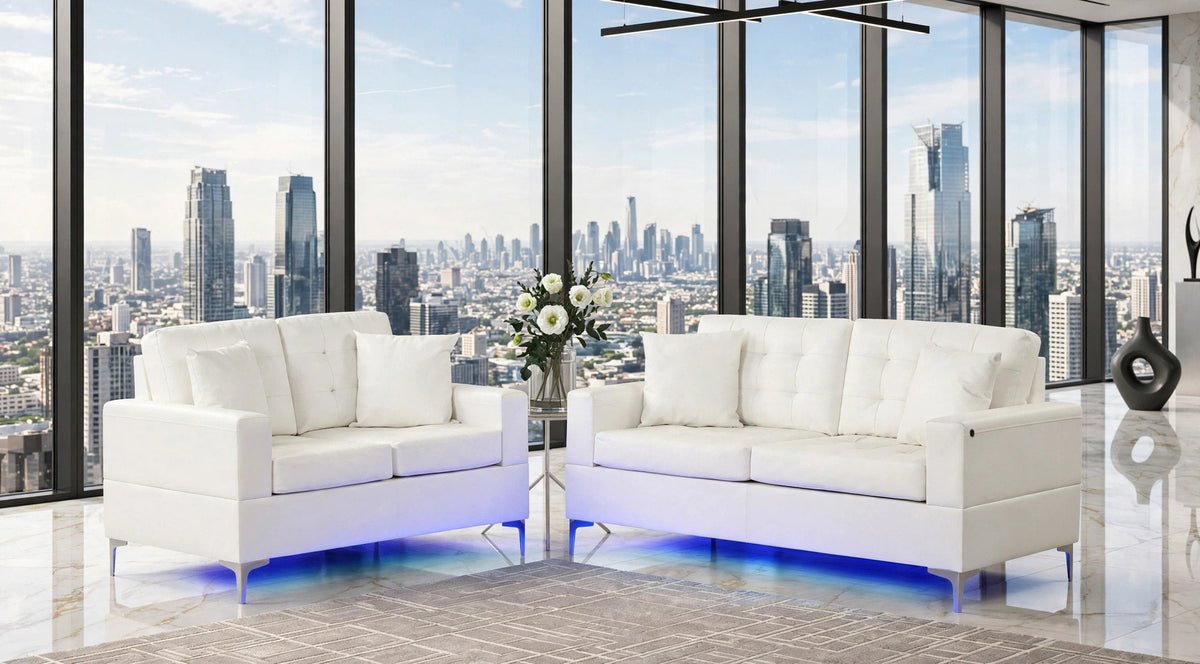 Miami White Living Room Set with LED Lights