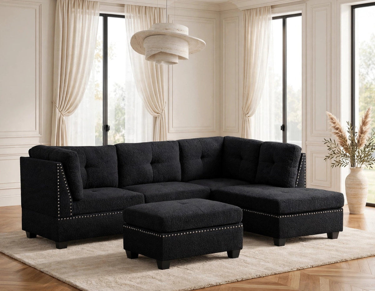 Sienna Boucle Black Sectional with Ottoman