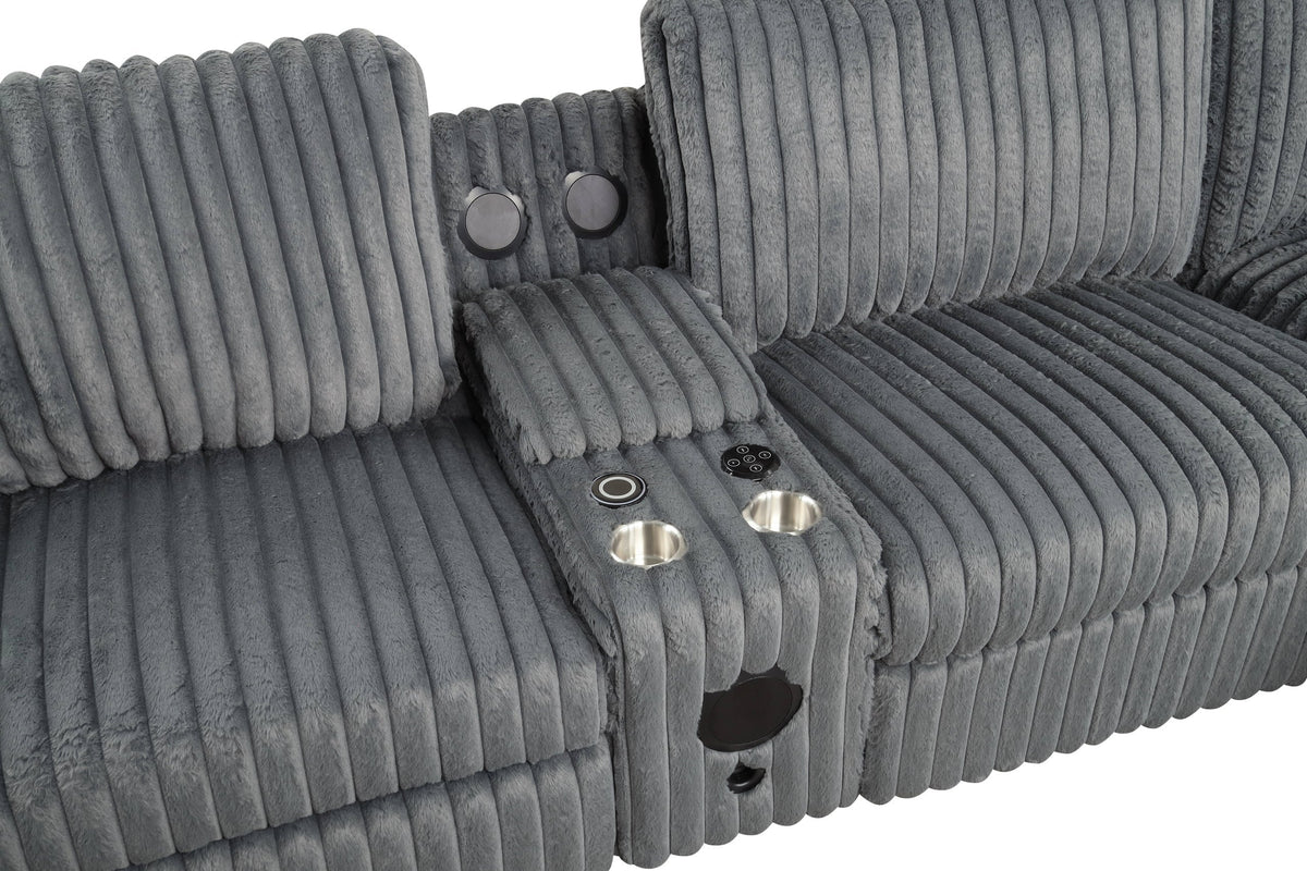 Amelia Charcoal Power Reclining Sectional with Storage Console Bluetooth Speakers