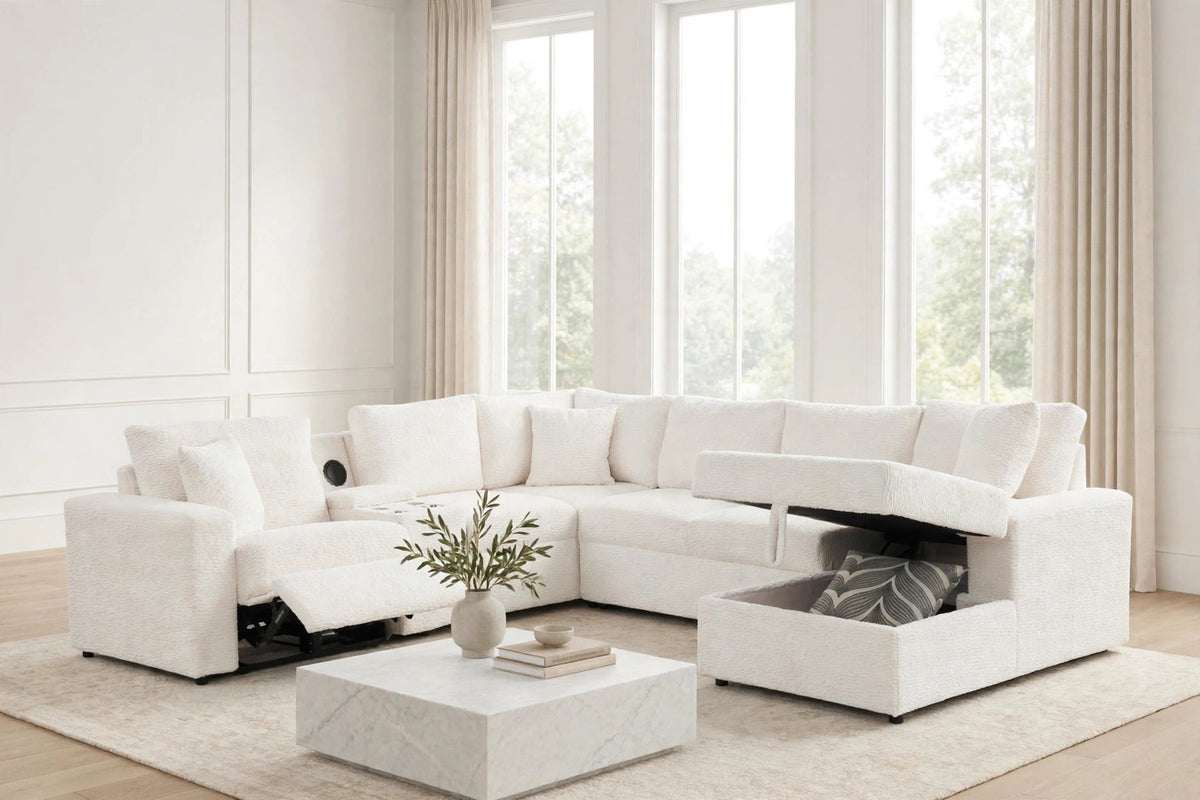 Hunter White Sectional with Bluetooth Speaker & Pull-Out Bed