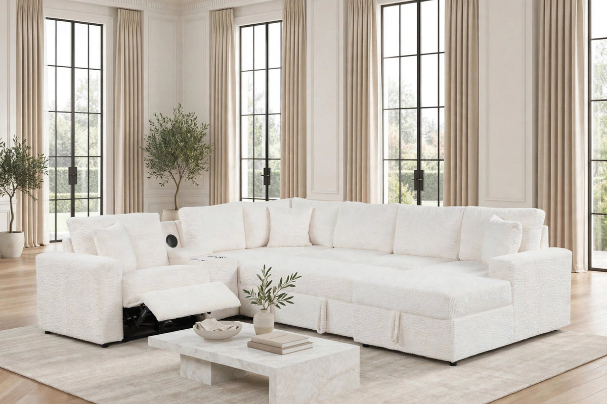 Hunter White Sectional with Bluetooth Speaker & Pull-Out Bed
