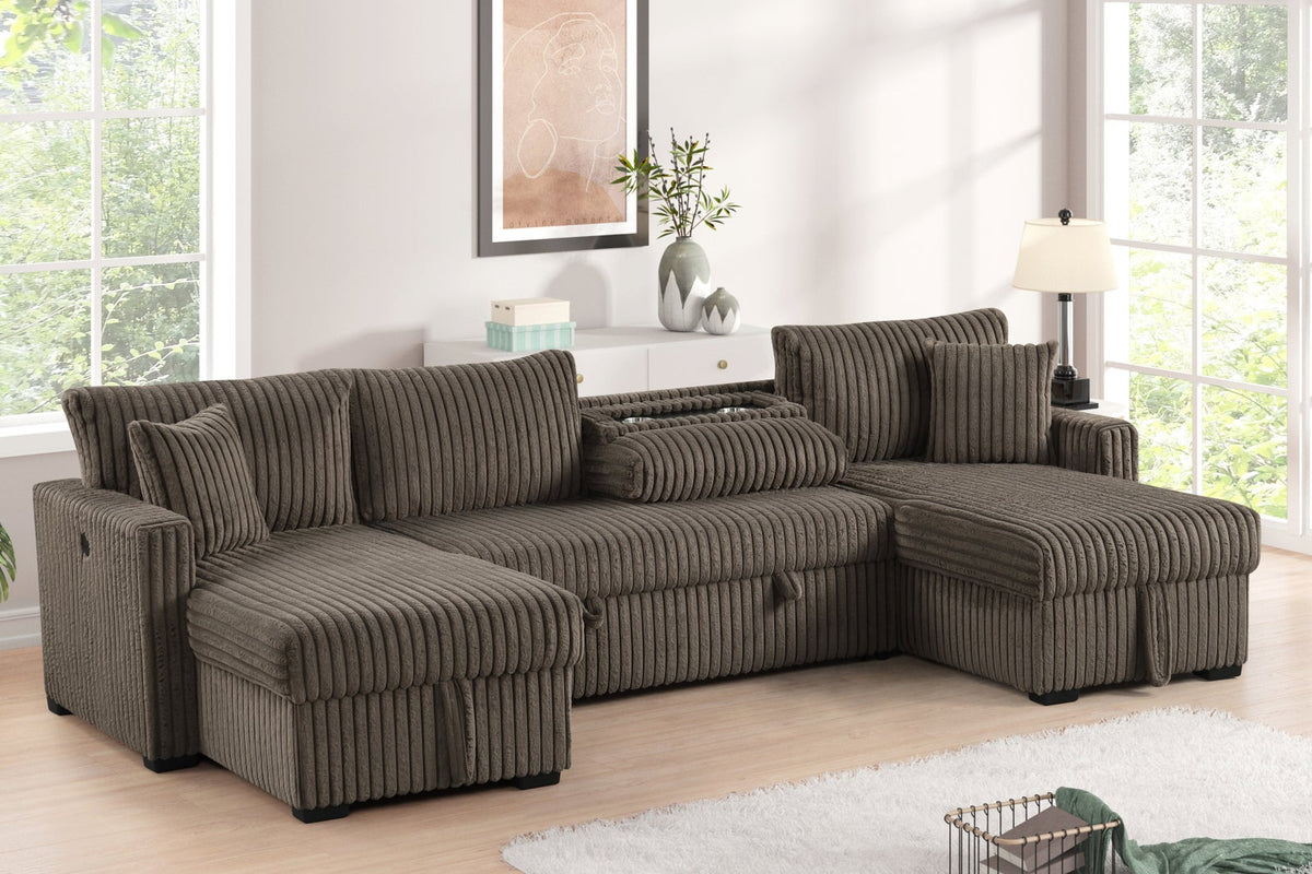 Mocha Bay Double Storage Chaise Corduroy Sectional with Pull-Out Bed