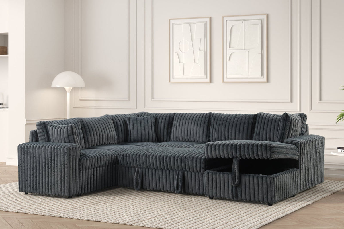 Charcoal Ever Corduroy Sectional with Pull-Out Bed