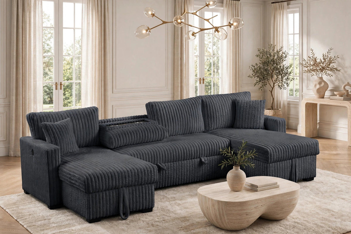 July Charcoal Double Storage Chaise Sectional With Pull-Out Bed