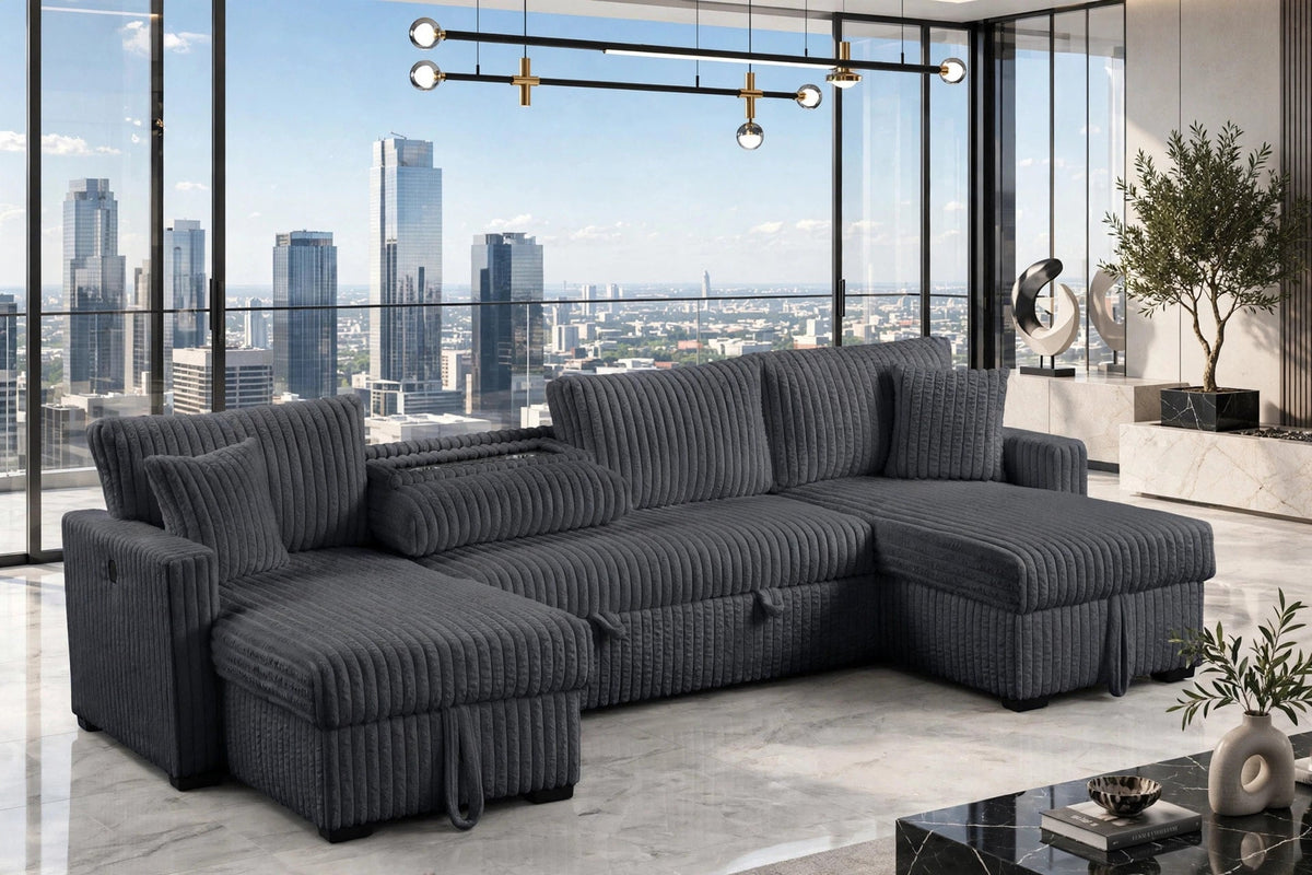 July Charcoal Double Storage Chaise Sectional With Pull-Out Bed