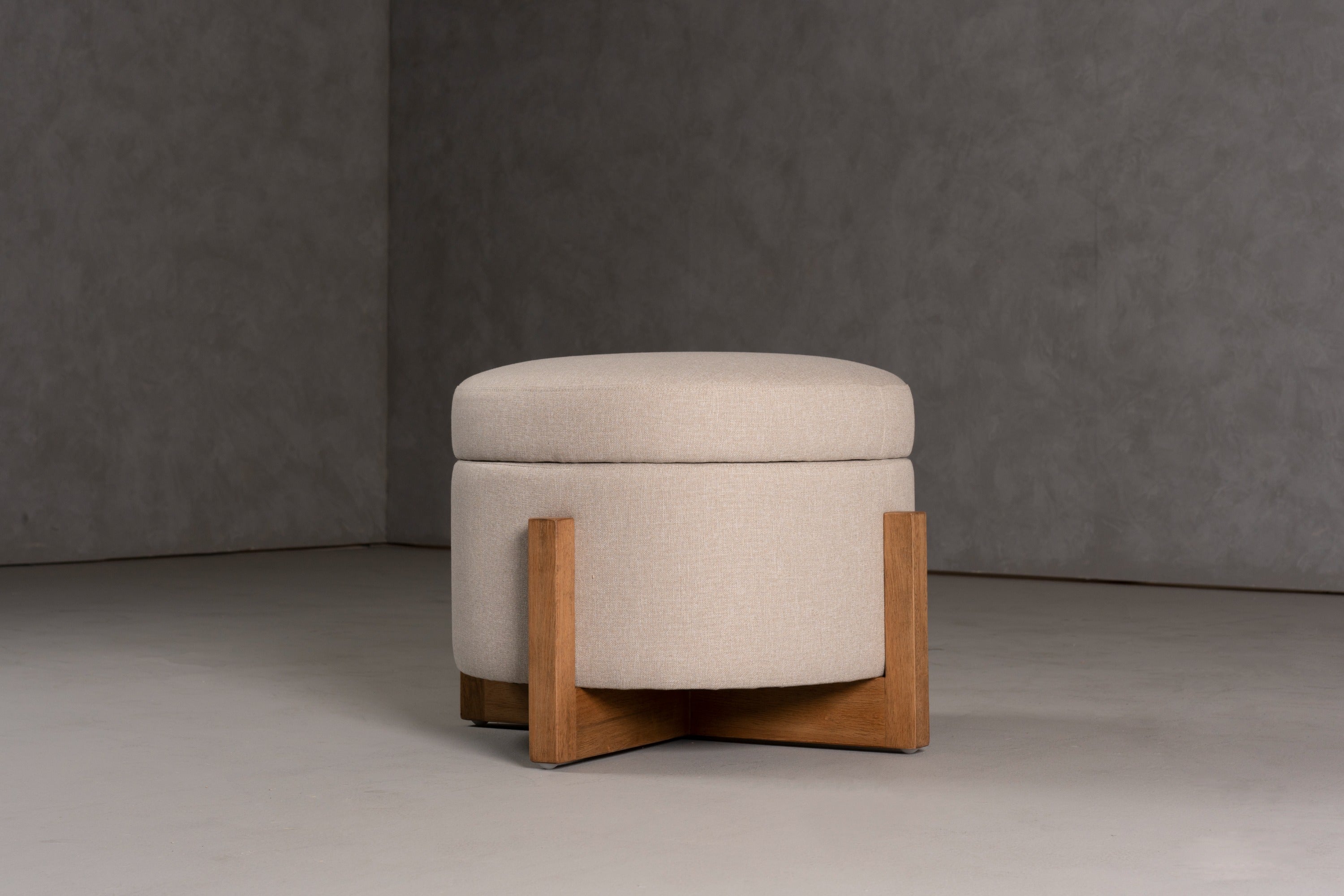 Modrest Sada - Mid-Century Modern Beige Linen + Chestnut Round Ottoman
