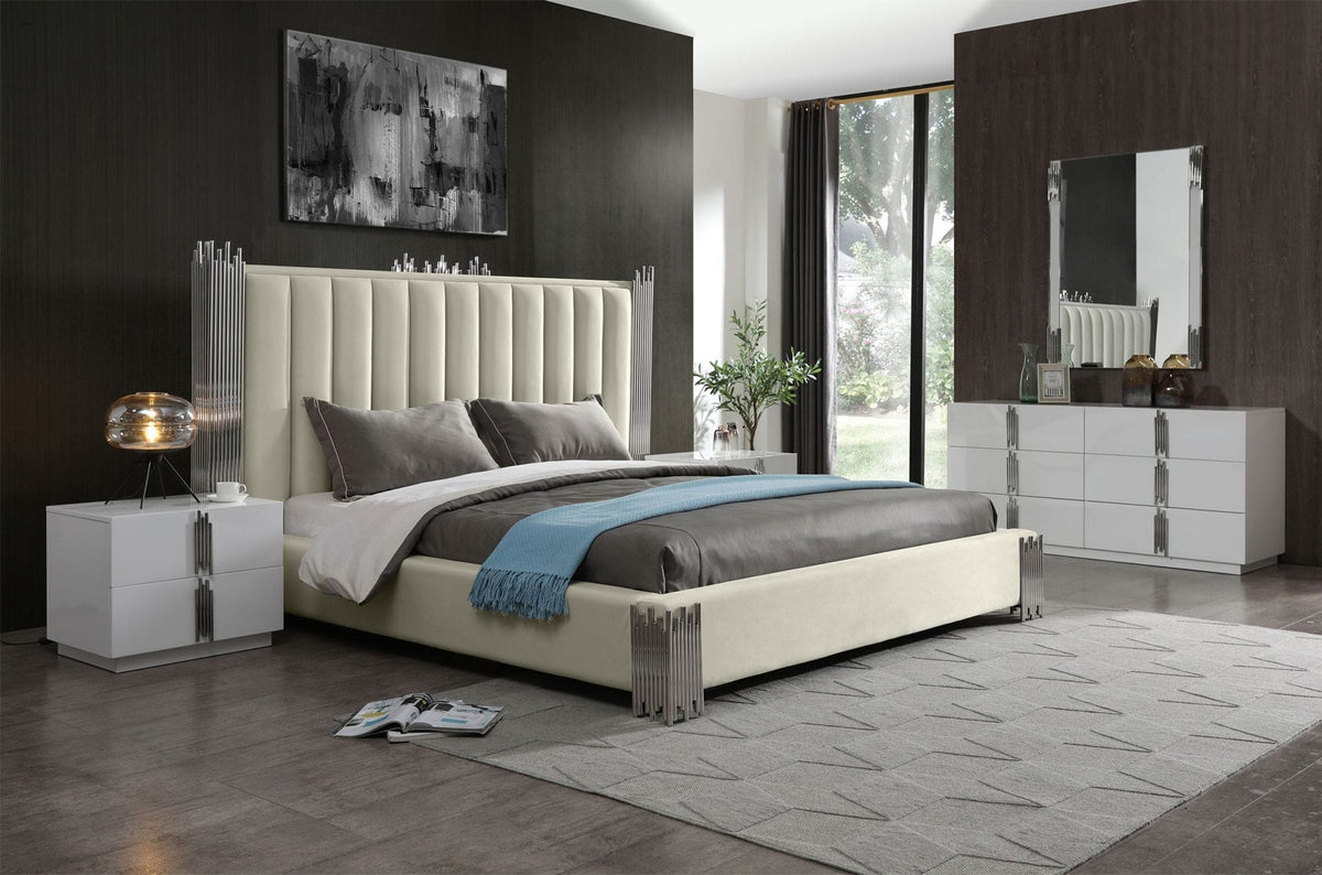 California King Token - Modern White & Stainless Steel Bedroom Set
