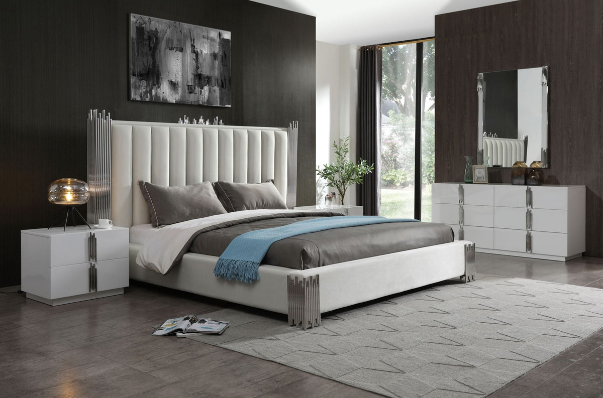 California King Token - Modern White & Stainless Steel Bedroom Set