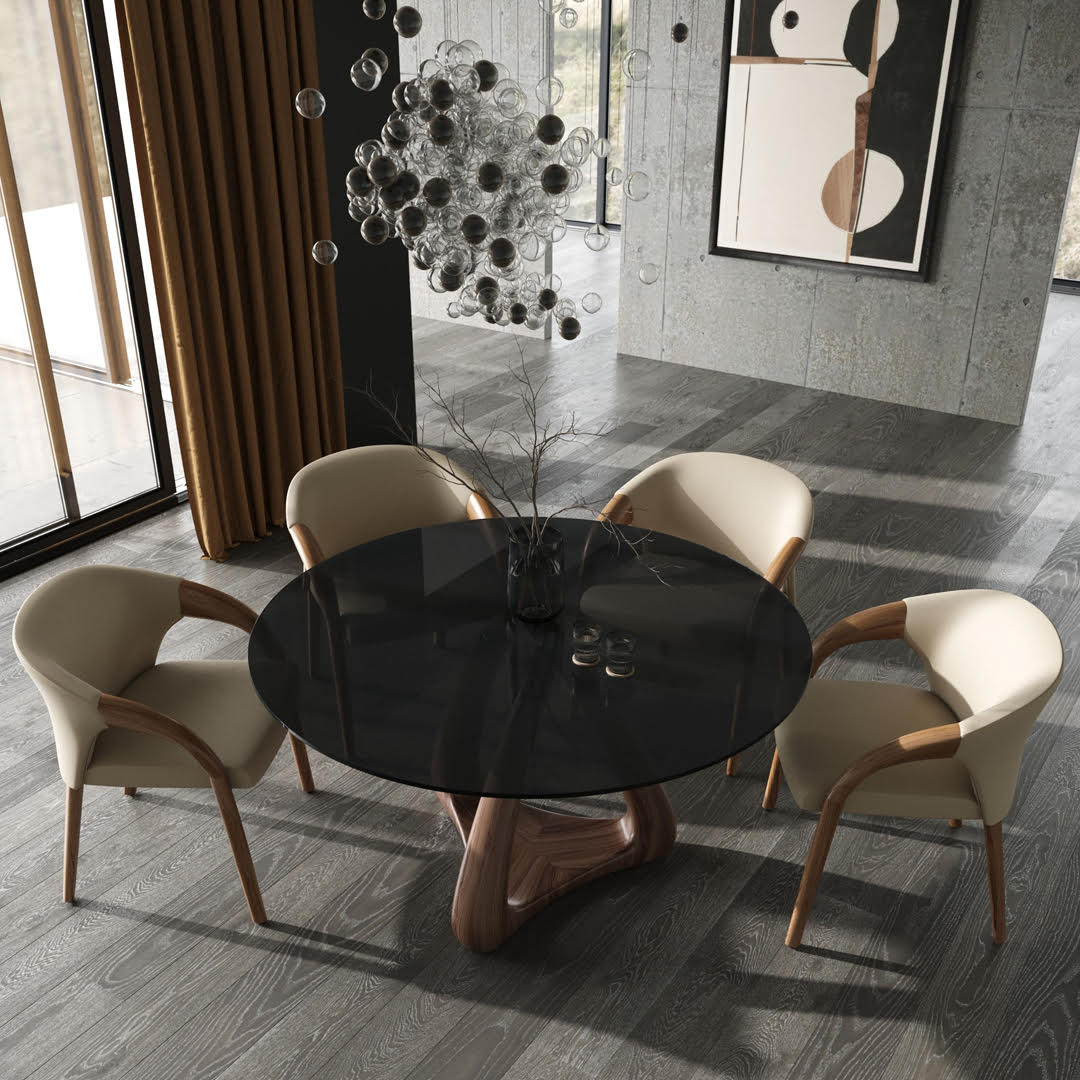Christy - Mid-Century Modern Grey Glass + Walnut Round Dining Table