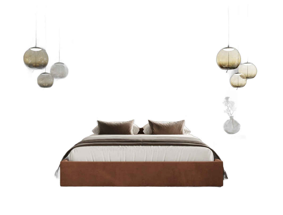 Roma + Lago - Modern Burnt Orange Velvet + Faux Travertine 4-Piece Bedroom Set