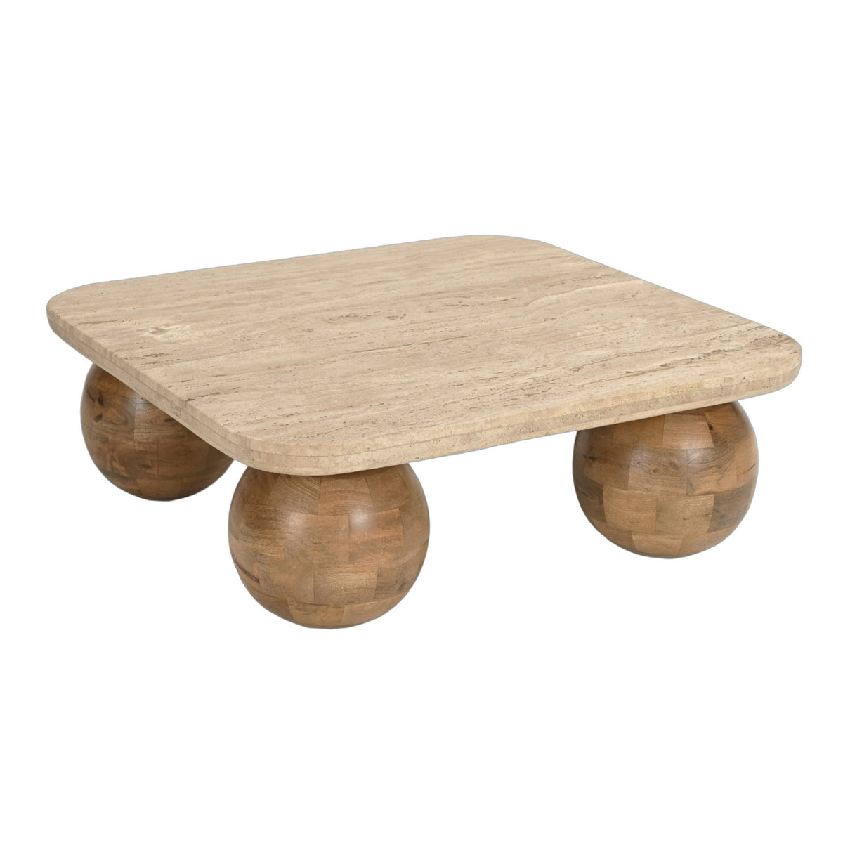 Seadrift - Modern Travertine Marble + Wood Square Coffee Table