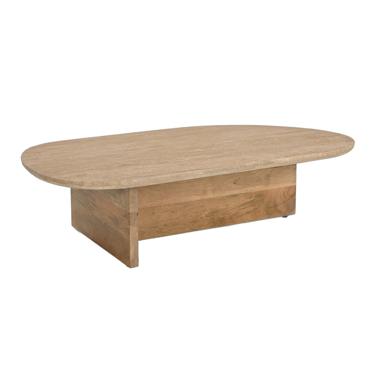 Chisholm - Modern Travertine Marble + Wood Freeform Coffee Table