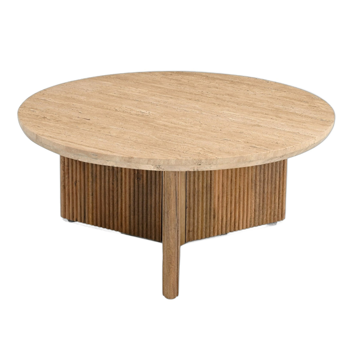 Pawnee - Modern Travertine Marble + Wood Round Coffee Table
