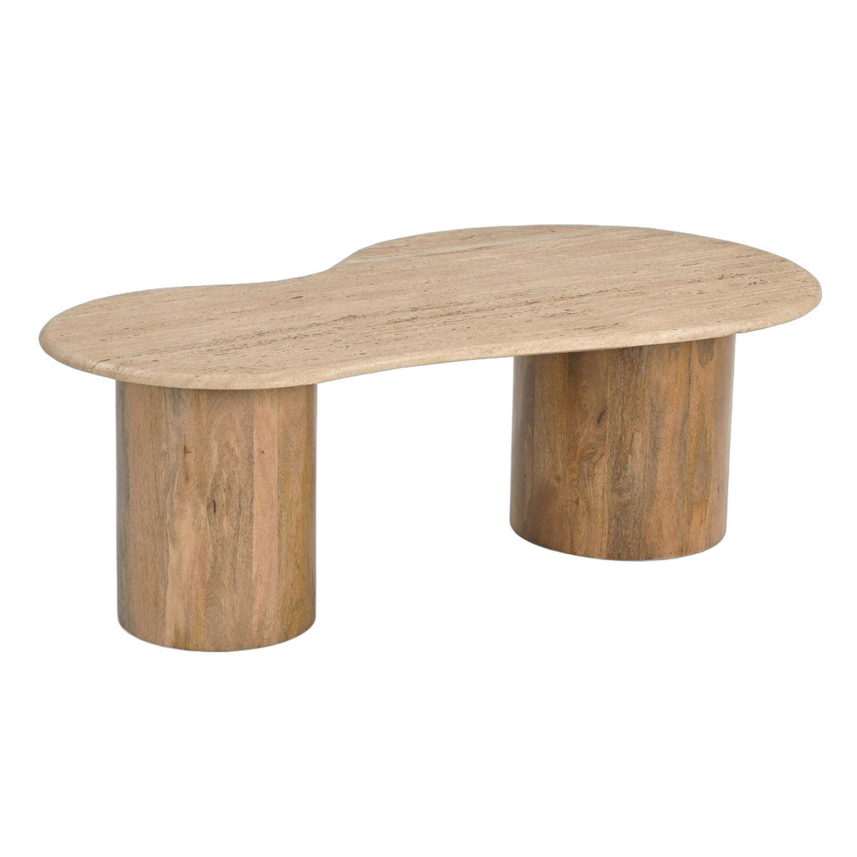 Sanford - Modern Travertine Marble + Wood Freeform Coffee Table