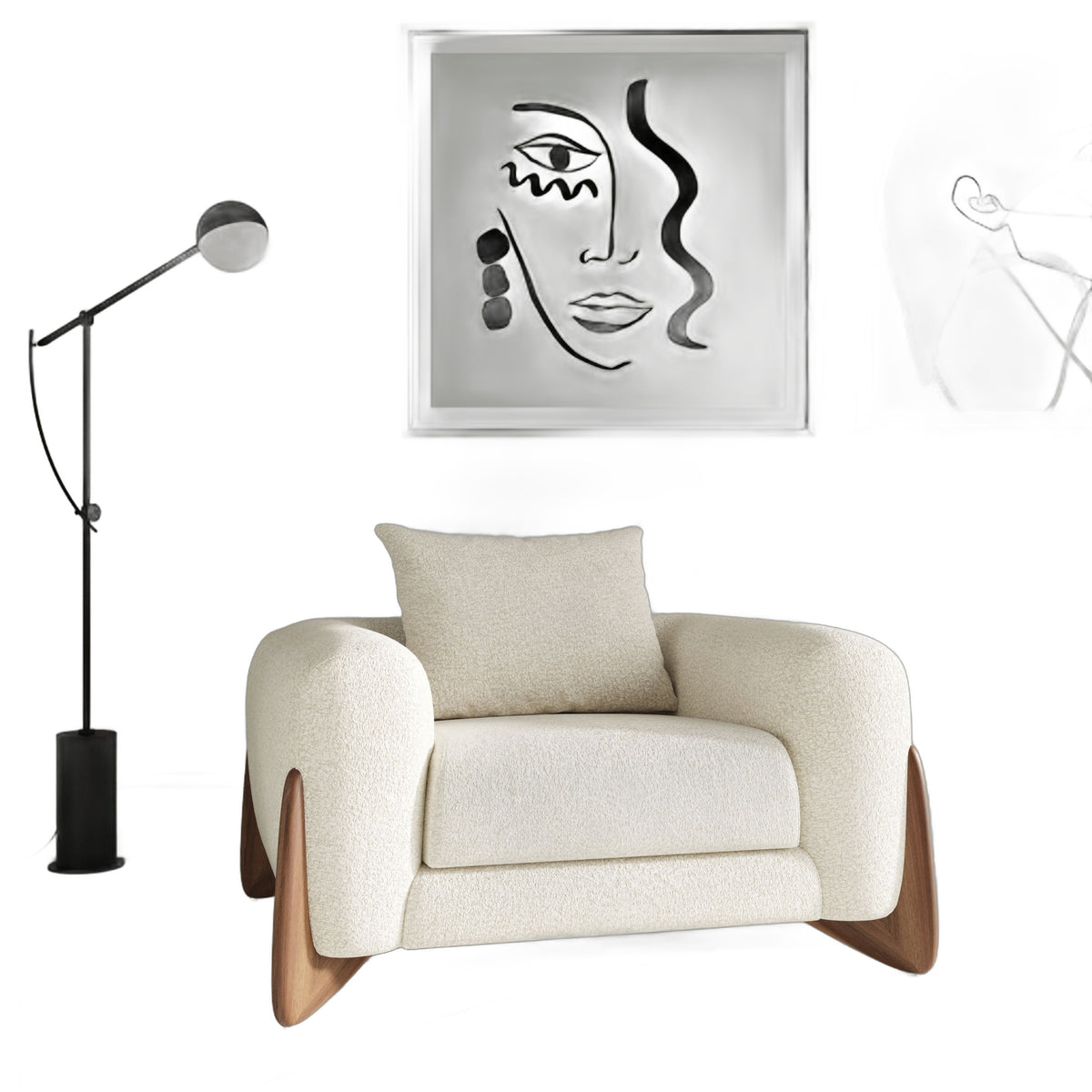 Fleury - Contemporary Cream Fabric and Walnut Lounge Chair