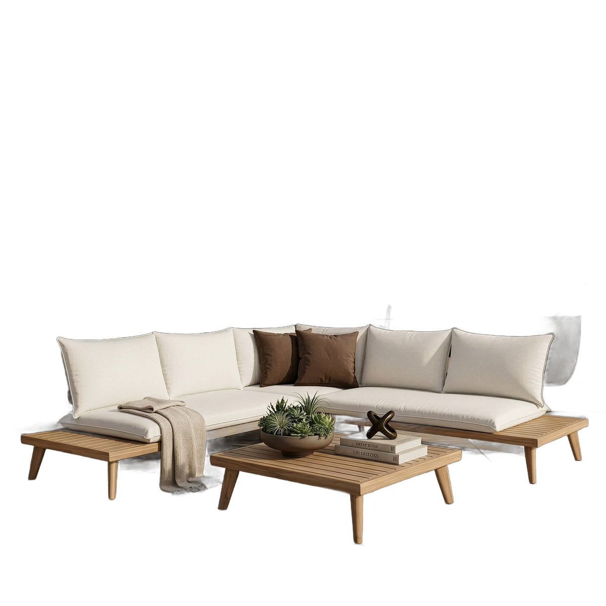 Tavira - Outdoor Off-White Fabric + Eucalyptus Sectional Sofa + Coffee Table Set