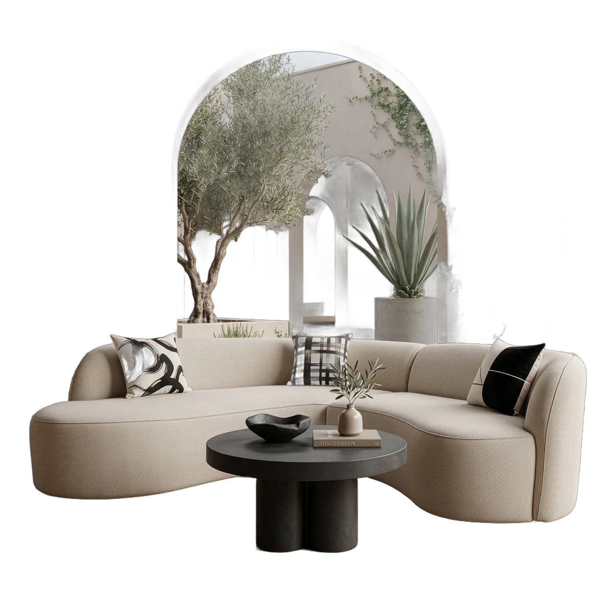 Lucena - Outdoor Oyster Olefin Fabric Curved Sectional Sofa