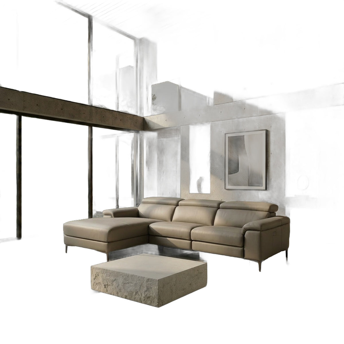 Meidas - Modern Light Grey Leather Sectional Sofa + 2 Recliners - Left Facing Chaise