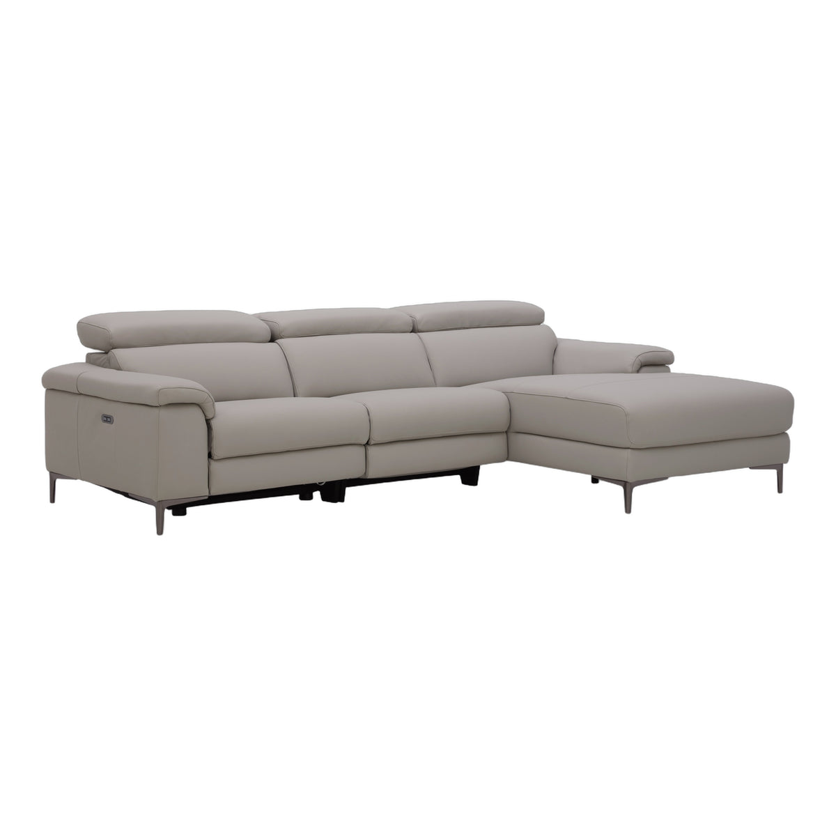 Meidas - Modern Light Grey Leather Sectional Sofa + 2 Recliners - Right Facing Chaise