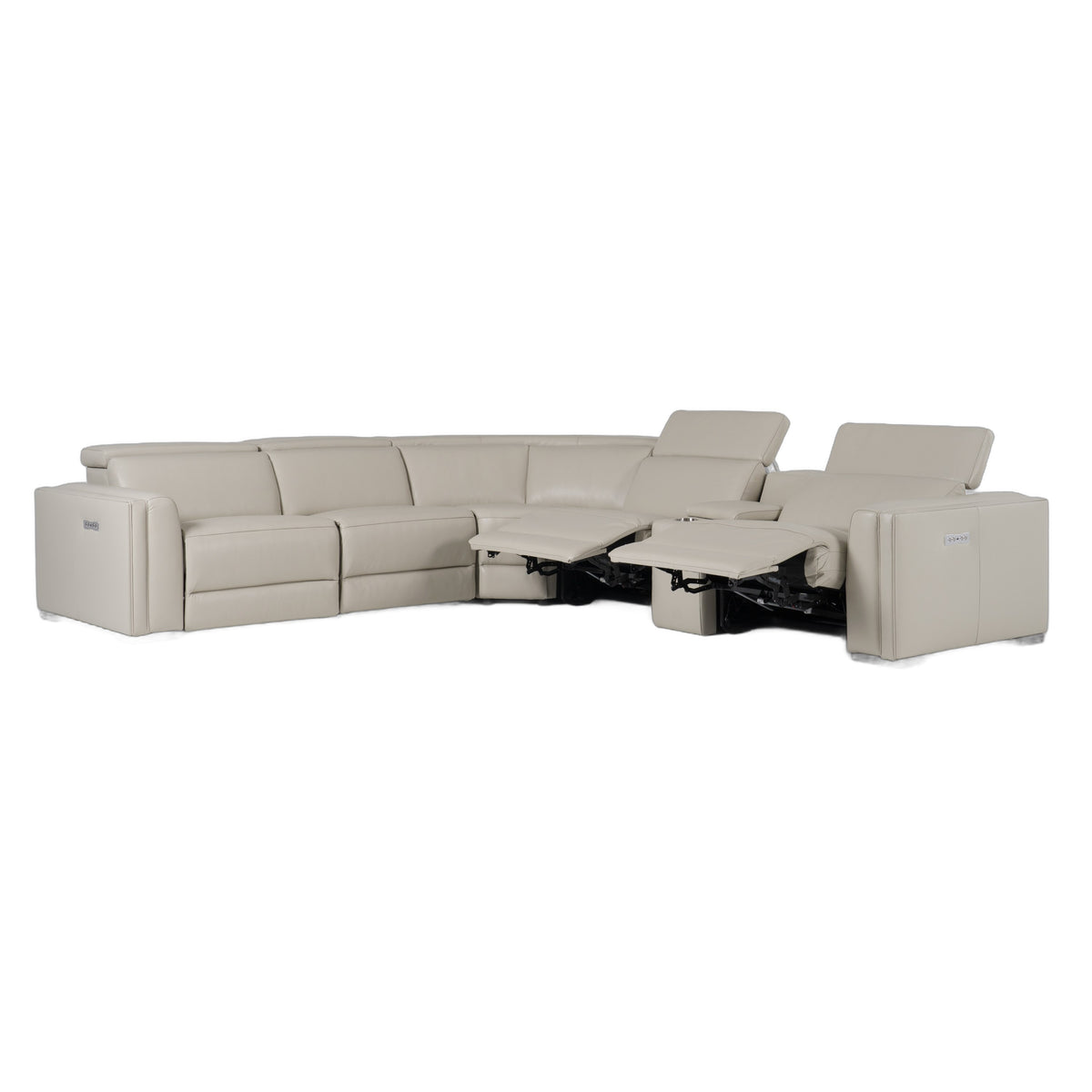 Frazier - Modern Light Grey Leather Sectional Sofa with 3 Recliners + Console