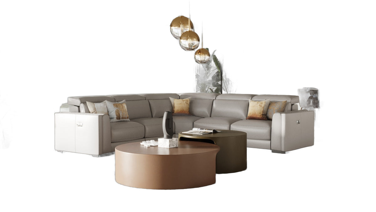 Frazier - Modern Light Grey Leather Sectional Sofa with 3 Recliners