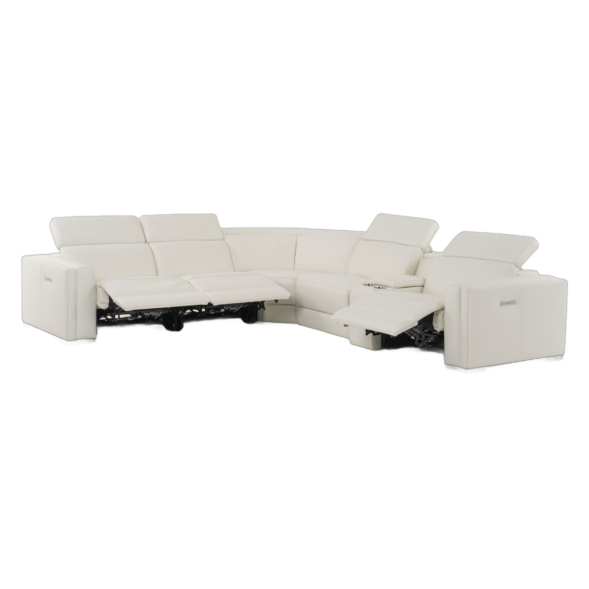 Frazier - Modern White Leather Sectional Sofa with 3 Recliners + Console