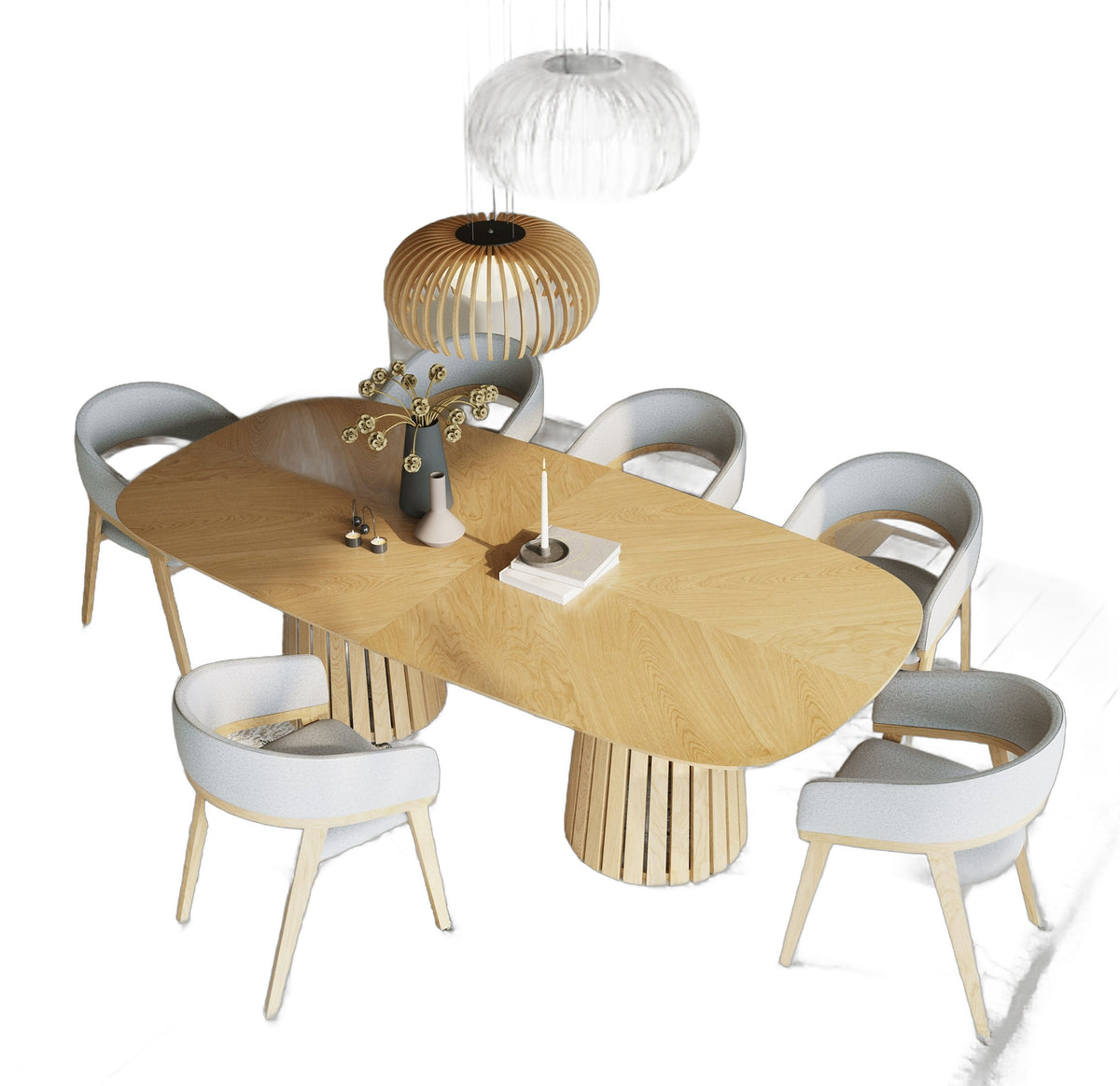 Truman - Mid-Century Modern Natural Oak Extendable Dining Table + 10 Chairs Set - premium white background