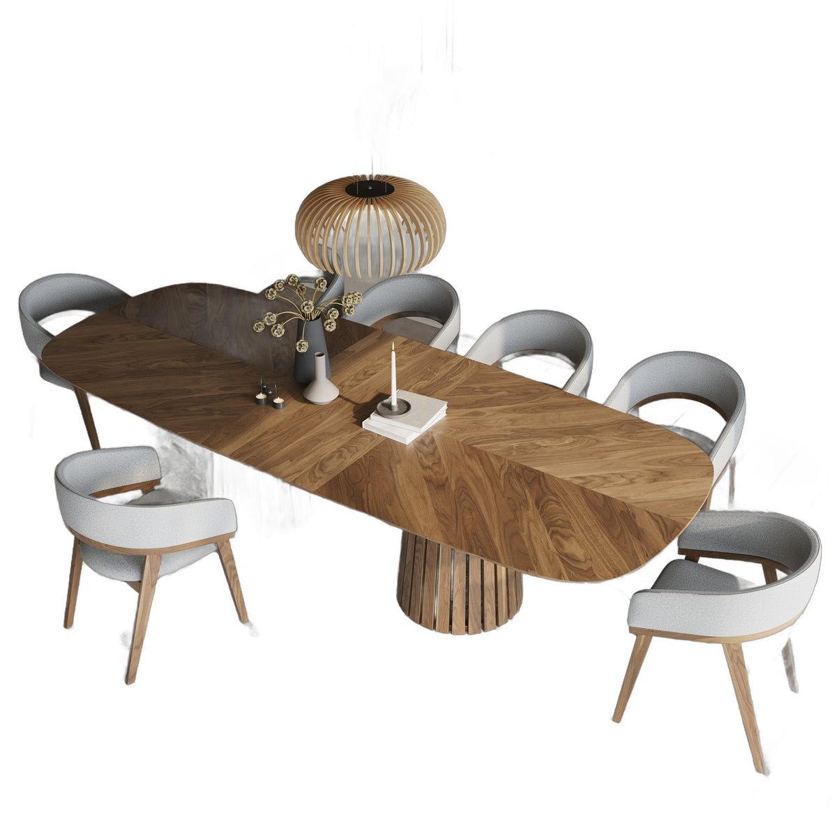 Truman - Mid-Century Modern Walnut Extendable Dining Table + 10 Chairs Set - premium white background