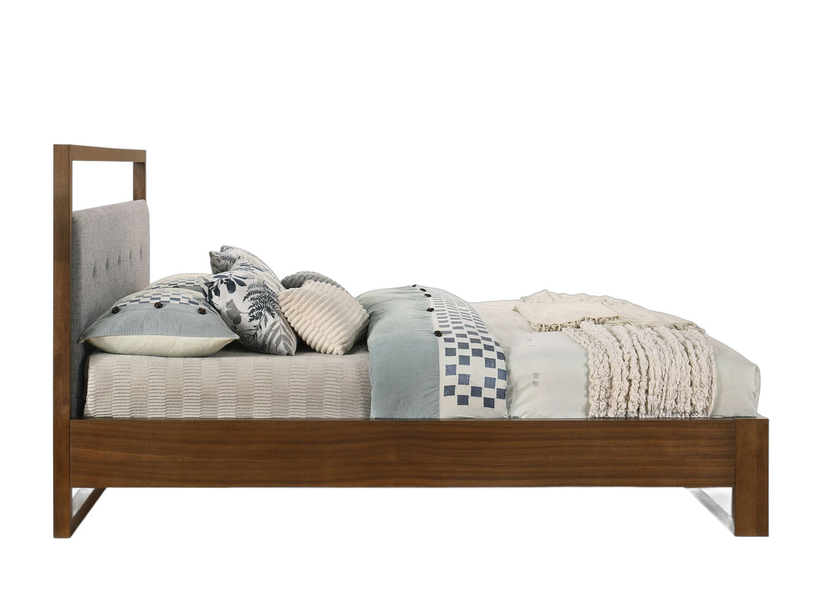 Eastern King Falcor - Modern Grey Fabric & Walnut Veneer Bed