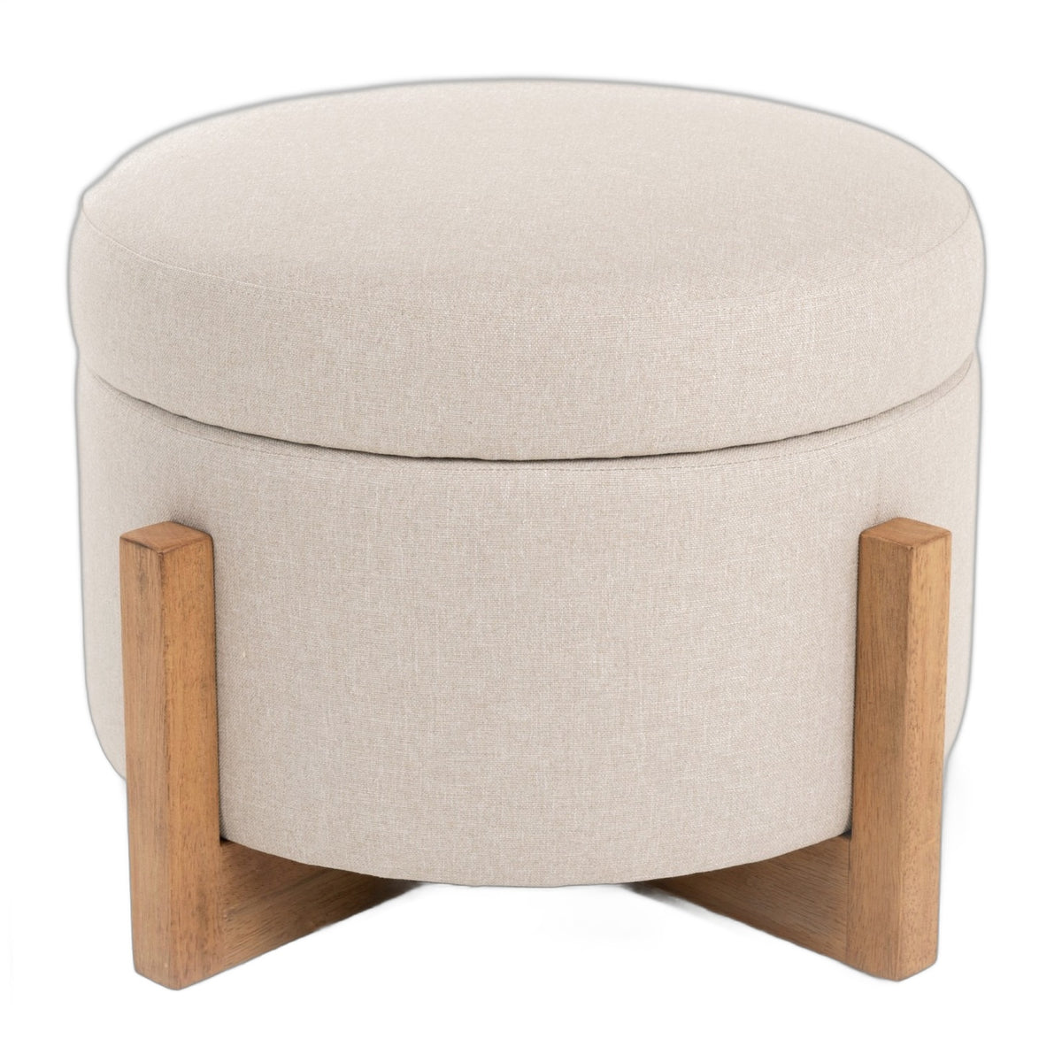 Sada - Mid-Century Modern Beige Linen + Chestnut Round Ottoman