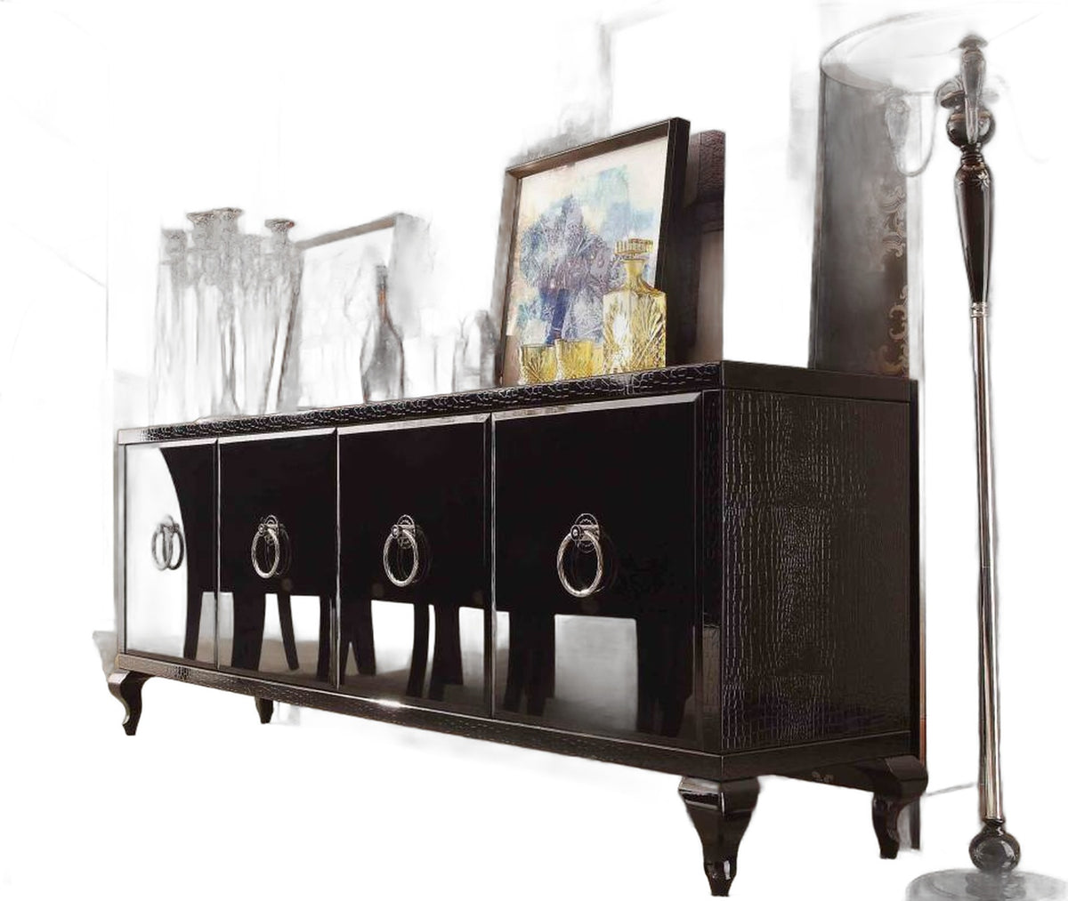 Bellagio Transitional Black Crocodile Lacquer Buffet