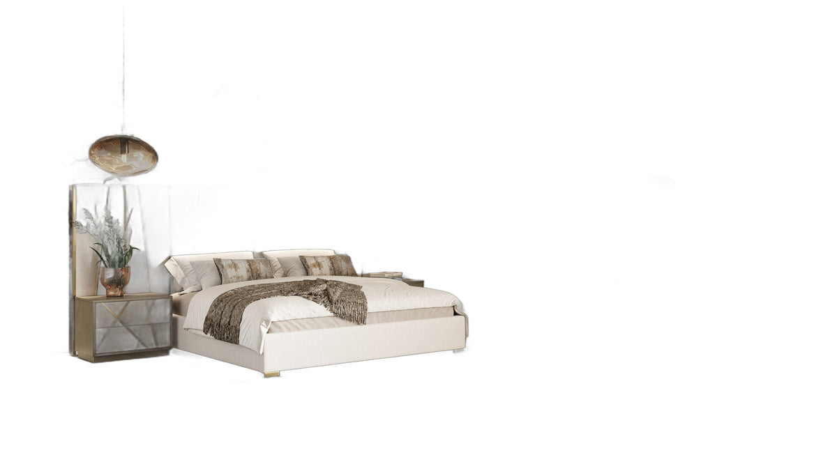 Nixa - Modern Beige Velvet + Brushed Bronze Bed