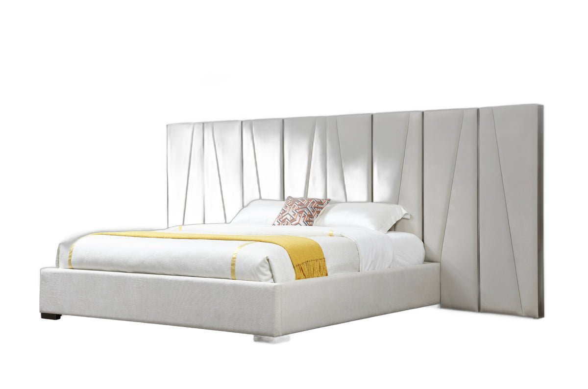 Nixa - Modern Beige Velvet + Brushed Bronze + Birch Bed + Nightstands-queen
