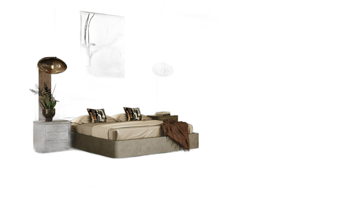 Lois - Modern Grey Leather & Beige Shagreen Bedroom Set